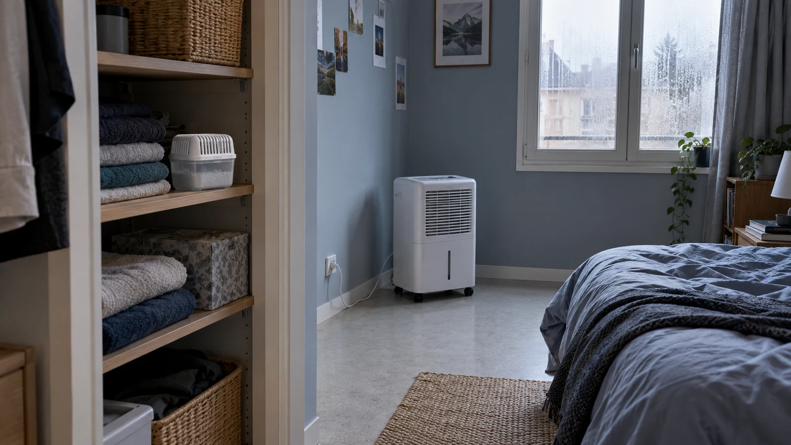 Absorbeur d’humidité dans un placard ouvert, déshumidificateur dans une chambre : l’un pour une zone, l’autre pour une pièce chauffée humide.