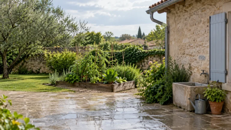 Cour humide, gouttière et potager : pour gérer l’eau chez vous, distinguez les usages et la récupération de pluie.