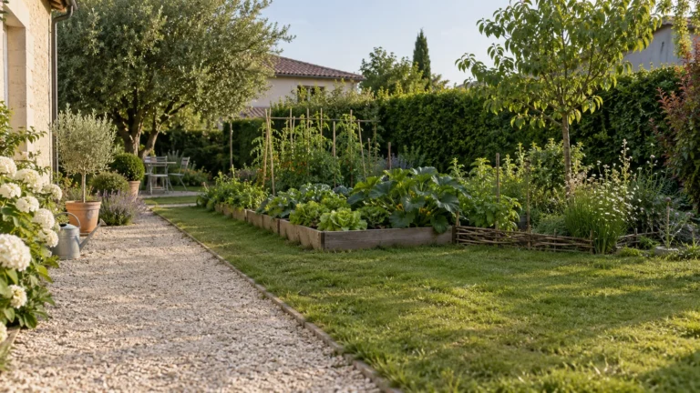 Potager et allée bordés de végétation : pour le jardin, choisissez des plantes adaptées et protégez le sol.