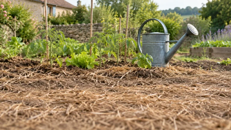 Arrosoir et jeunes plants sur paillis : pour arroser moins, couvrez la terre et vérifiez son humidité.
