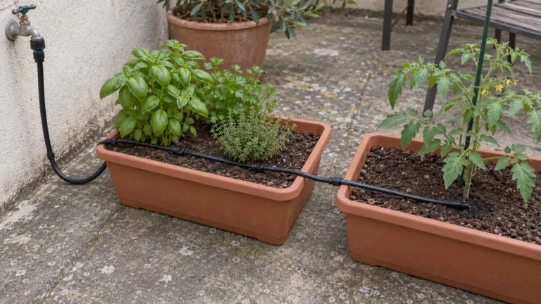 Un tuyau d’arrosage goutte à goutte posé au pied de plantes en bacs sur une petite terrasse.