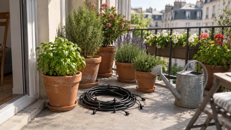 Tuyau d’arrosage goutte à goutte non raccordé près de pots sur un balcon, sans robinet visible : prévoir comment apporter l’eau.