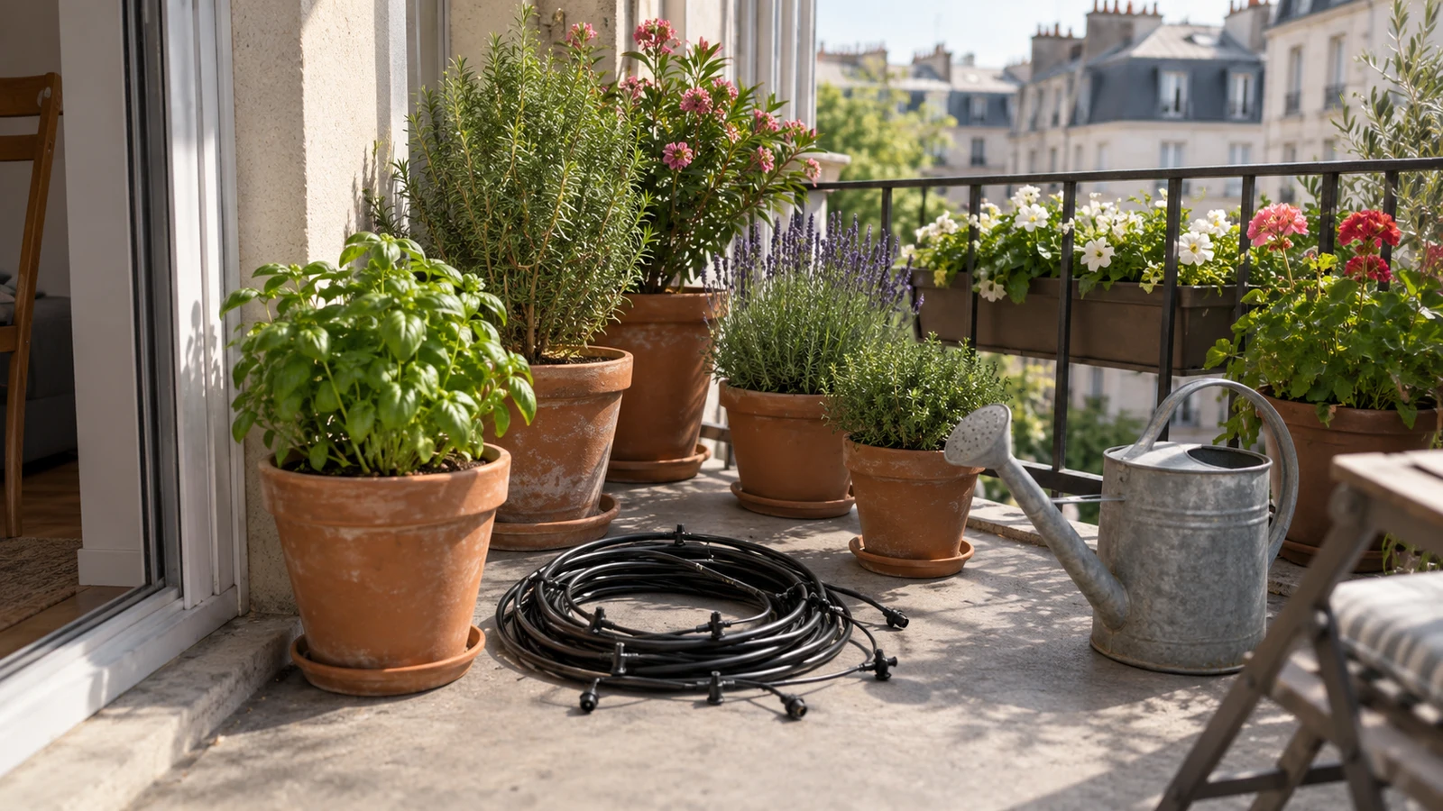 Tuyau d’arrosage goutte à goutte non raccordé près de pots sur un balcon, sans robinet visible : prévoir comment apporter l’eau.