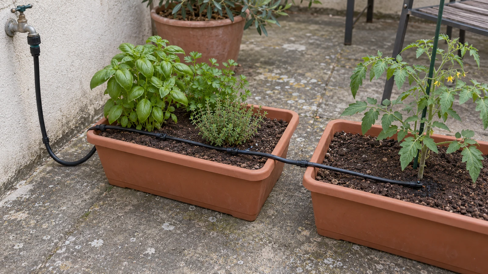 Un tuyau d’arrosage goutte à goutte posé au pied de plantes en bacs sur une petite terrasse.