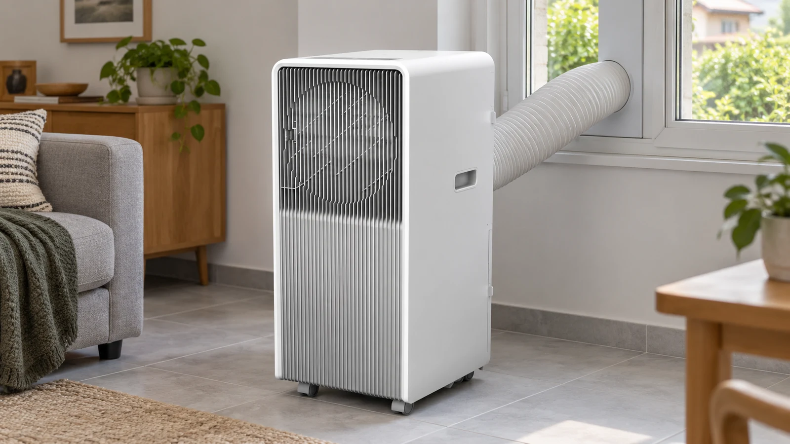 Climatiseur mobile Beko BP409C blanc sur roulettes, vu de trois quarts dans une pièce.