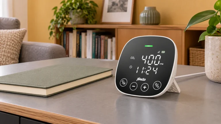 Capteur CO2 posé sur un meuble dans un séjour, avec un écran visible depuis la pièce.