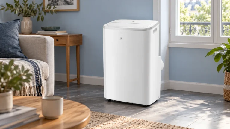 Climatiseur mobile Electrolux EXP26U339AW blanc aux angles arrondis dans une pièce.