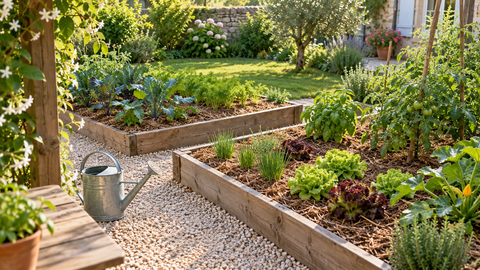 Potager paillé et arrosoir à portée de main, pour arroser moins son jardin.