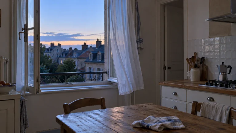 Fenêtre de cuisine ouverte au lever du jour pour aérer et rafraîchir son logement.