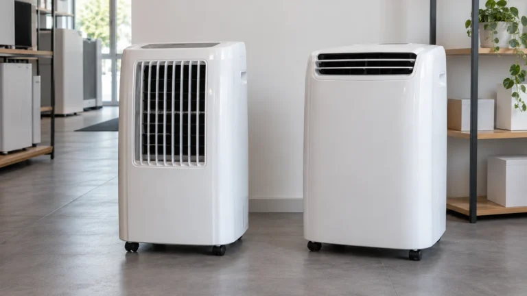 Deux climatiseurs mobiles monoblocs blancs côte à côte dans un rayon, pour illustrer un comparatif d’usages.
