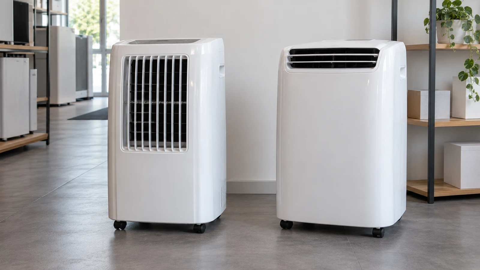 Deux climatiseurs mobiles monoblocs blancs côte à côte dans un rayon, pour illustrer un comparatif d’usages.