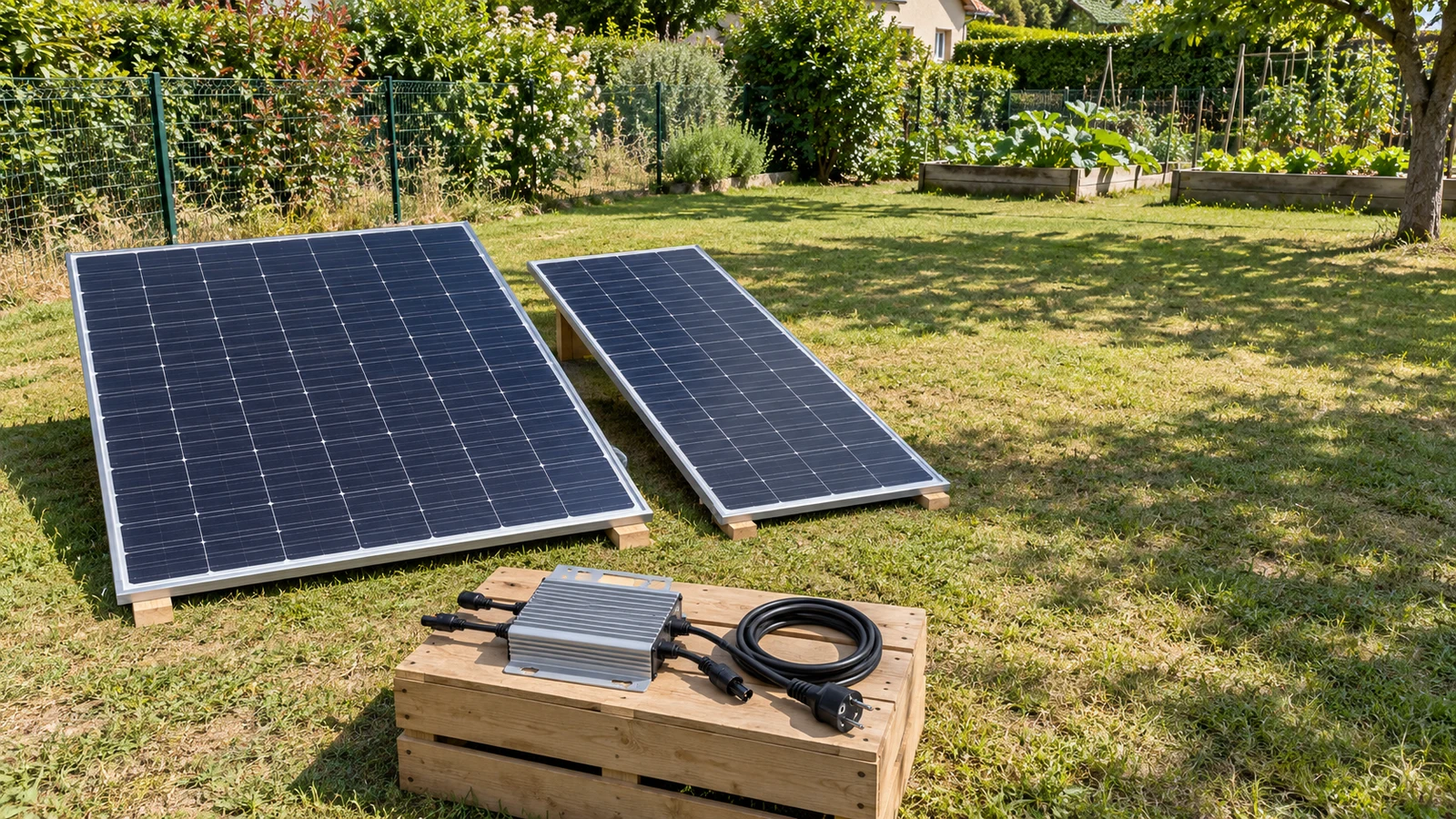 Des panneaux solaires et un micro-onduleur avant pose, pour un comparatif des kits plug and play selon la place disponible.