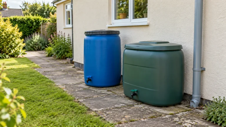 Des récupérateurs d’eau de pluie hors sol au jardin, pour un comparatif selon l’encombrement près de la maison.