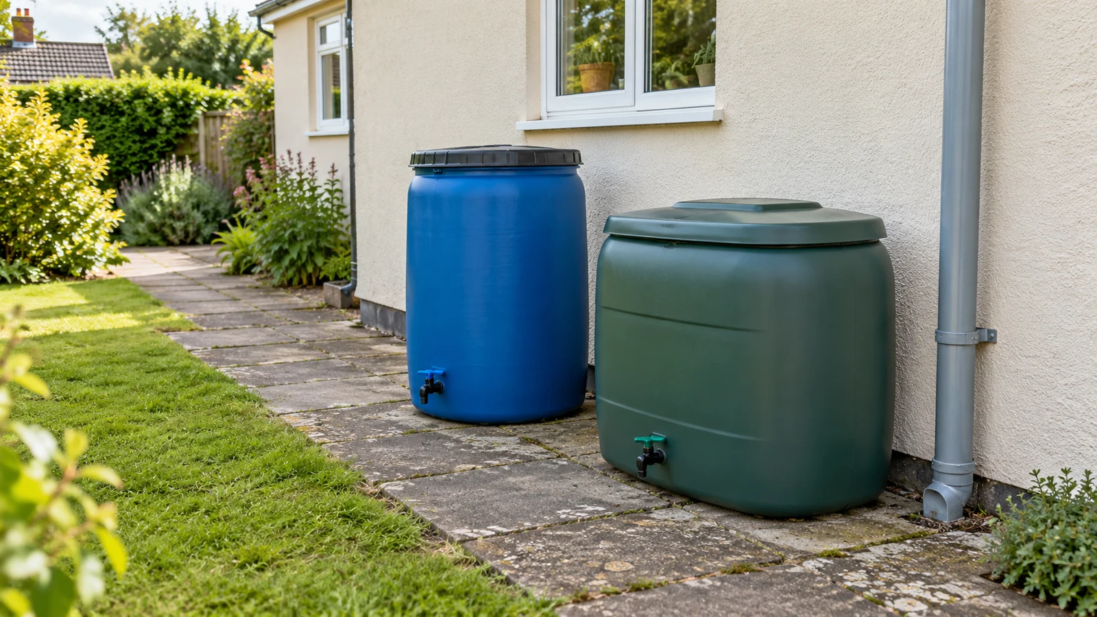 Des récupérateurs d’eau de pluie hors sol au jardin, pour un comparatif selon l’encombrement près de la maison.