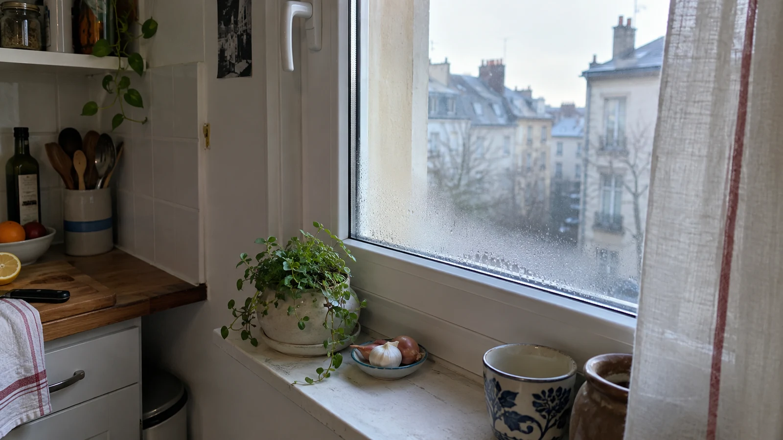 Buée et gouttelettes sur la vitre d’une fenêtre de cuisine : la face touchée par la condensation reste à vérifier.