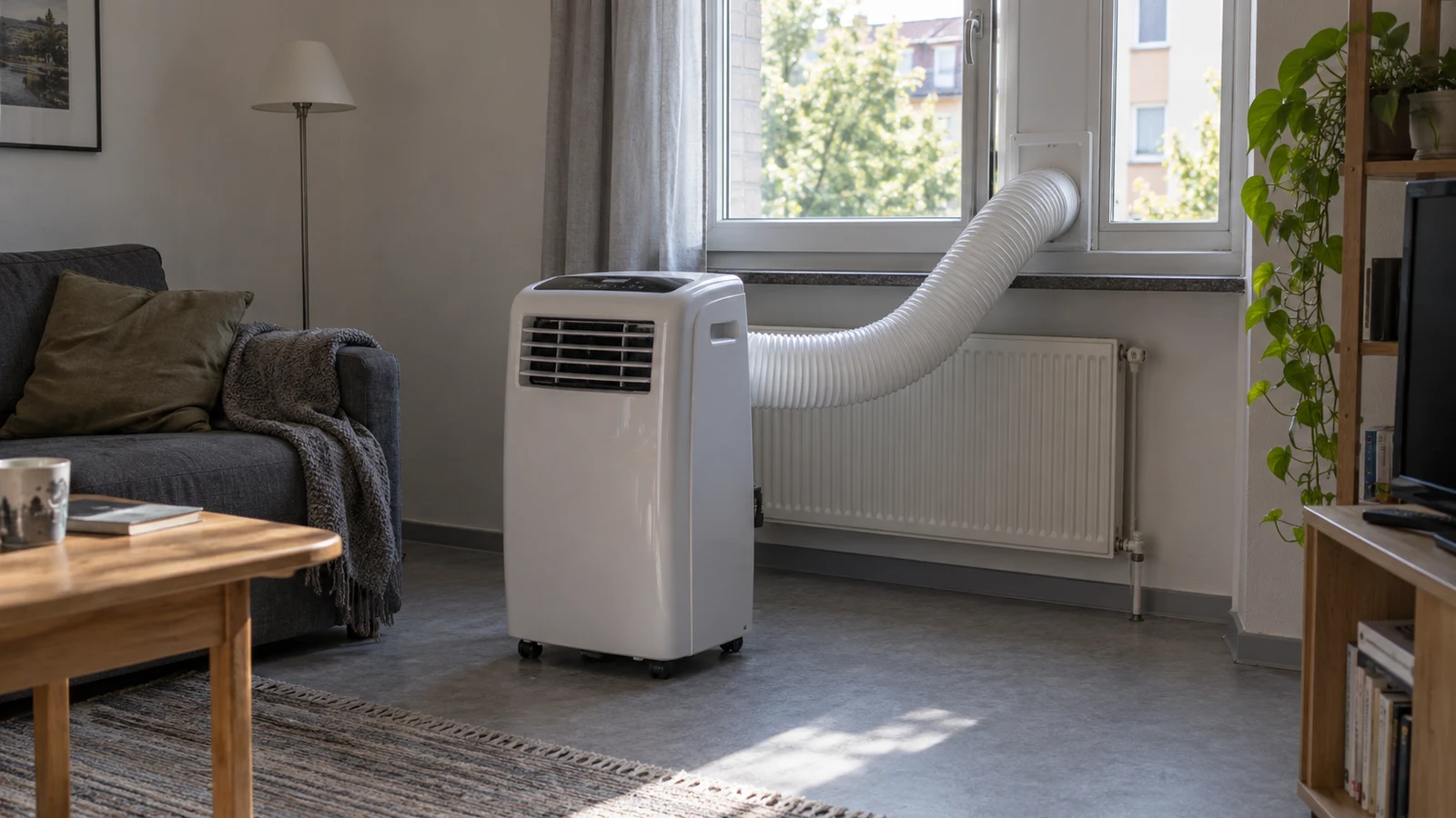 Climatiseur mobile avec gaine à la fenêtre : sa consommation dépend de la durée d’usage et du modèle.