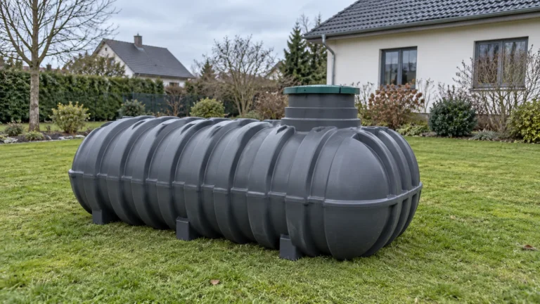 Cuve de récupération d’eau de pluie destinée à être enterrée, posée dans un jardin avant l’étude du terrain et de l’accès.