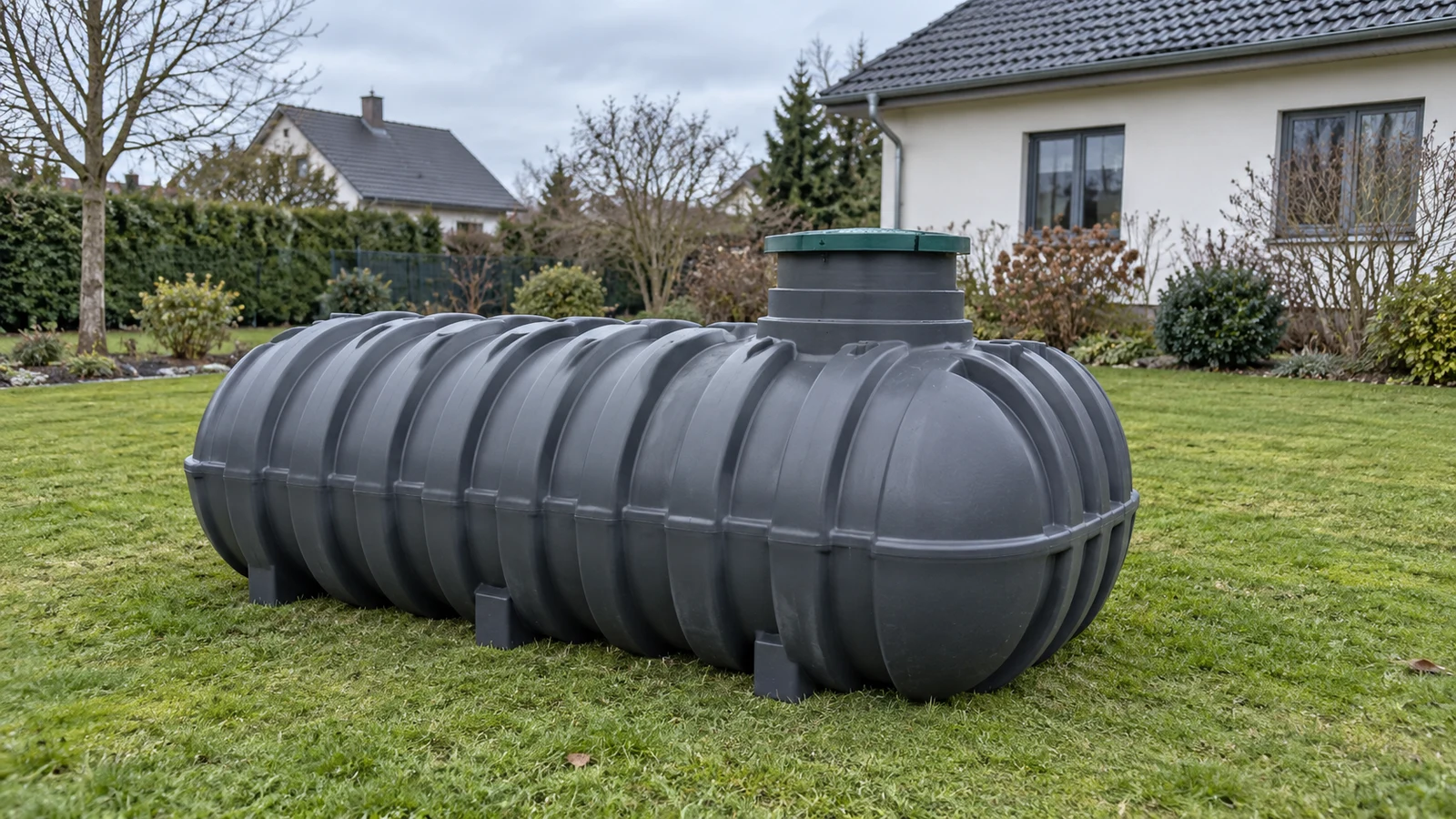 Cuve de récupération d’eau de pluie destinée à être enterrée, posée dans un jardin avant l’étude du terrain et de l’accès.