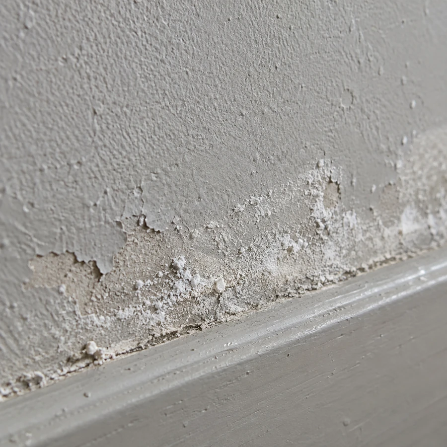 Dépôt blanc poudreux sur un enduit peint qui s’écaille au-dessus d’une plinthe : l’aspect seul n’identifie pas la trace.