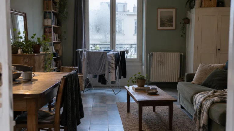 Dans un appartement humide, du linge étendu près d’une fenêtre embuée avant de choisir un déshumidificateur.