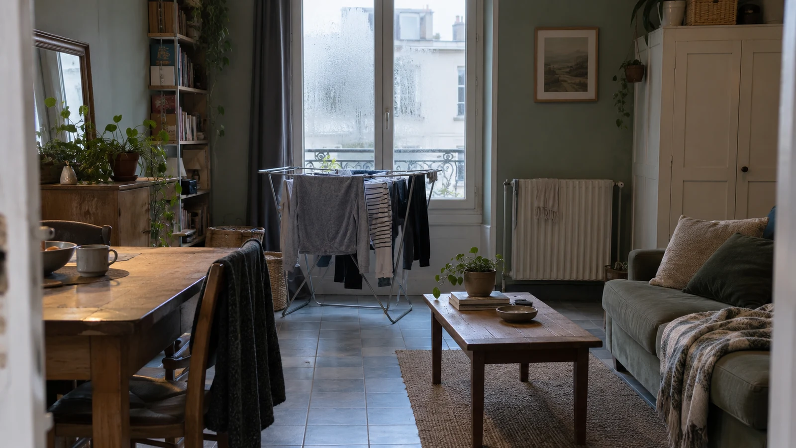 Dans un appartement humide, du linge étendu près d’une fenêtre embuée avant de choisir un déshumidificateur.