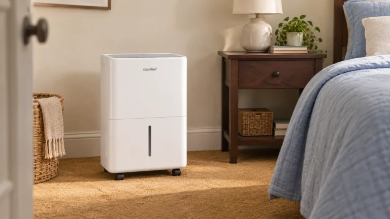 Le déshumidificateur Comfee Aqua Dry 12 posé au sol dans une petite chambre d’amis.
