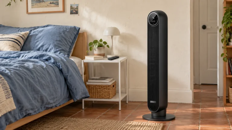 Ventilateur colonne Dreo Nomad One noir DR-HTF007 et télécommande près d'un lit, pour régler le souffle sans se relever.