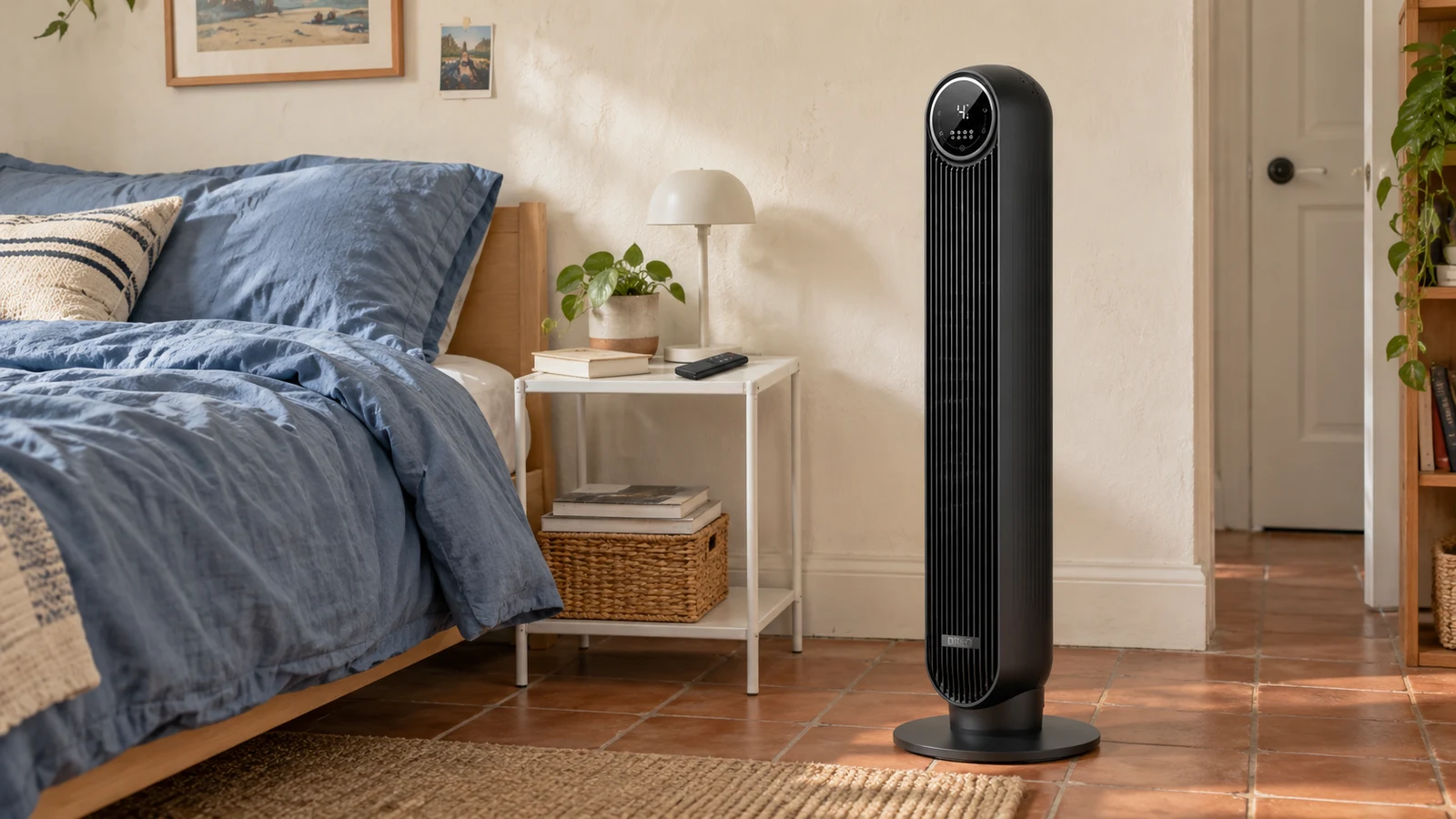 Ventilateur colonne Dreo Nomad One noir DR-HTF007 et télécommande près d'un lit, pour régler le souffle sans se relever.