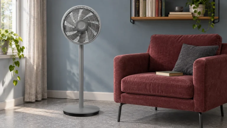 Ventilateur gris mat Duux Whisper Essence DXCF61 près d’un fauteuil, avec sa tête accessible pour les réglages.