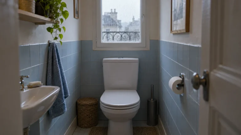 WC blanc sous une fenêtre mouillée : la réglementation exige de séparer les réseaux pour utiliser l’eau de pluie dans les toilettes.