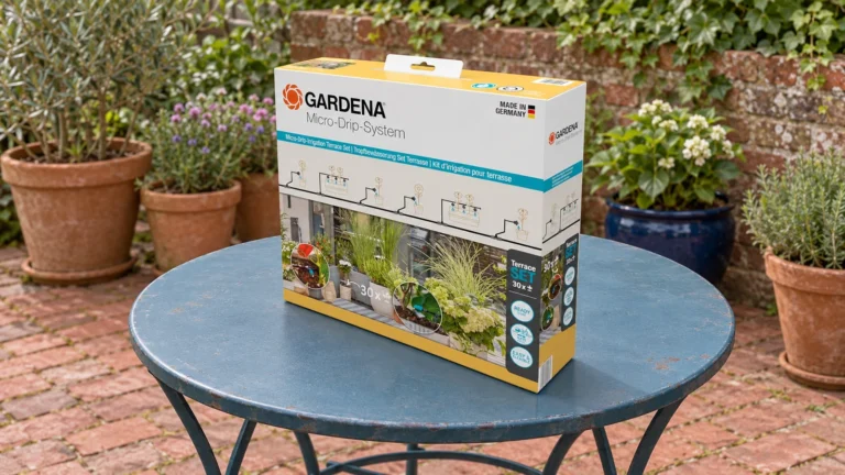 Boîte du kit GARDENA 13400-20 posée sur une table de jardin avant installation, pour arroser des pots aux besoins différents.