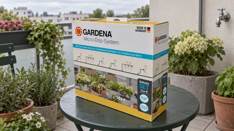 Boîte du kit GARDENA 13401-20 près de pots groupés et d’un robinet de balcon, pour préparer un arrosage goutte-à-goutte.