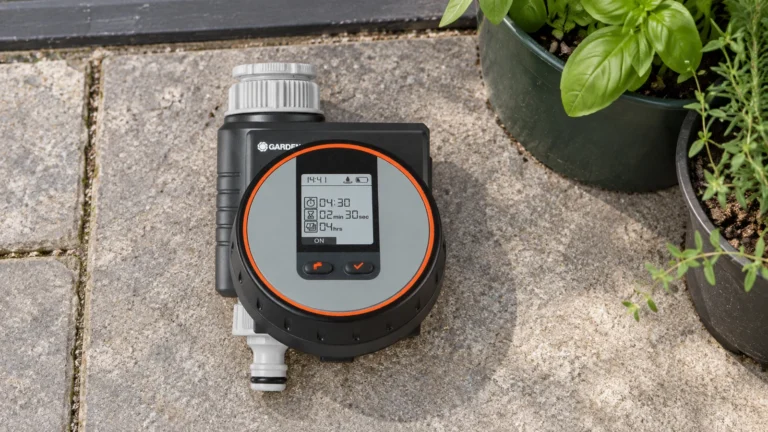 GARDENA Flex 1890-20 couché sur une dalle de terrasse avant pose, pour programmer de courts cycles d’arrosage en pots.