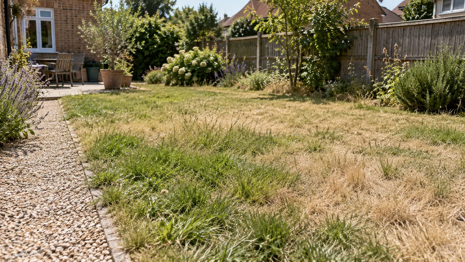 Gazon jauni par endroits avec des touffes d’herbe verte, près d’une allée de gravier et d’une clôture.