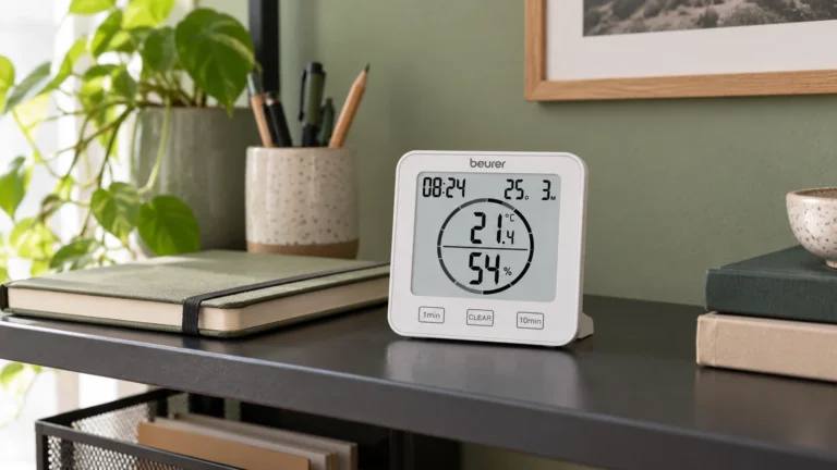 Hygromètre Beurer HM 22 sur une étagère : pour suivre l’humidité d’une pièce de vie.