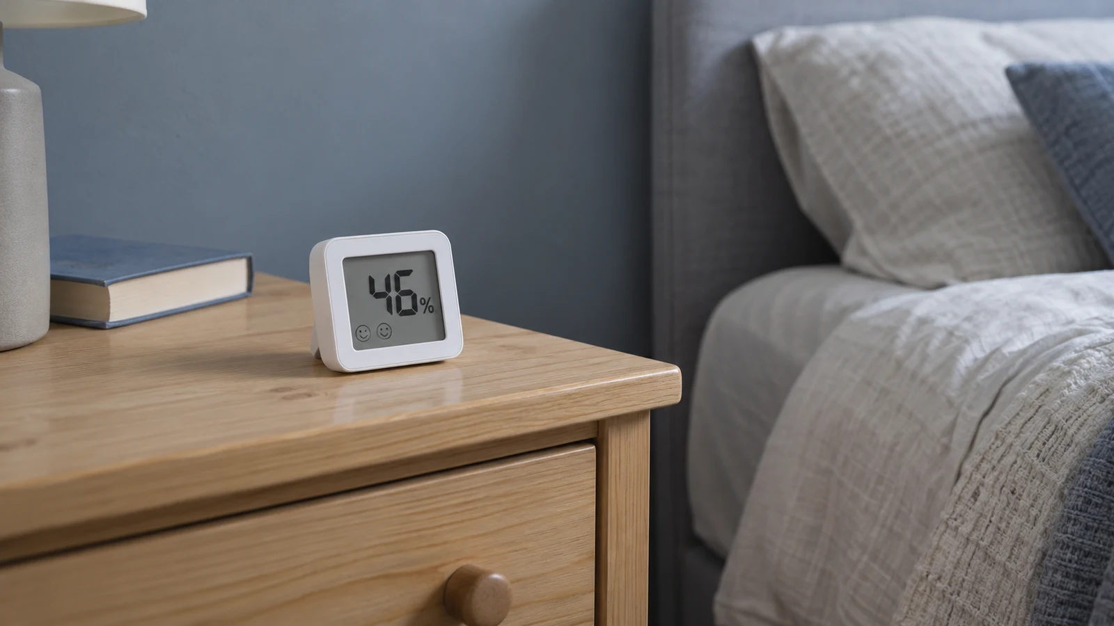 Petit hygromètre numérique posé sur un meuble dans une chambre pour mesurer l’humidité de l’air.