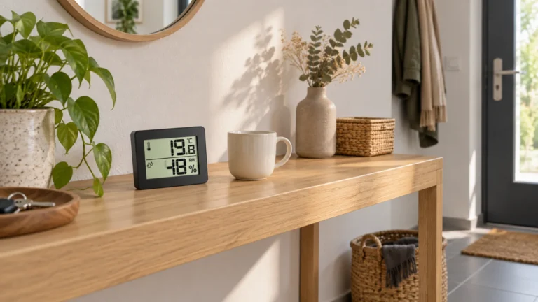Hygromètre TFA 30.5027.01 noir posé sur une console, pour lire l’humidité et consulter les extrêmes de la journée.