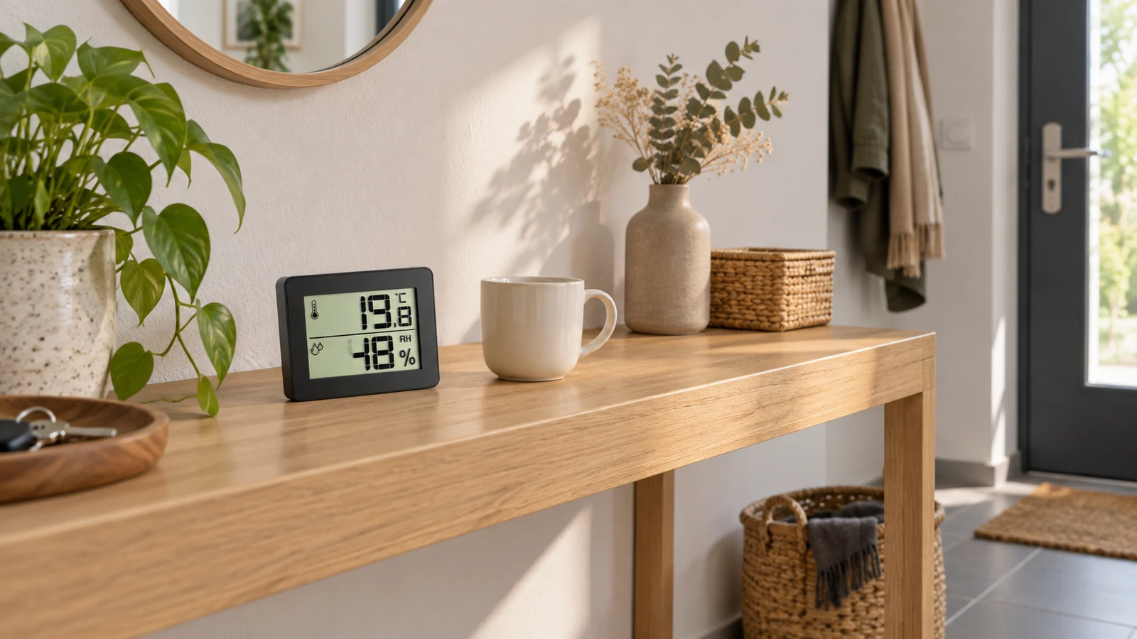 Hygromètre TFA 30.5027.01 noir posé sur une console, pour lire l’humidité et consulter les extrêmes de la journée.
