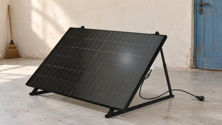 Panneau solaire Mecafer 428150 sur ses supports noirs, présenté avant la pose pour un premier équipement solaire.