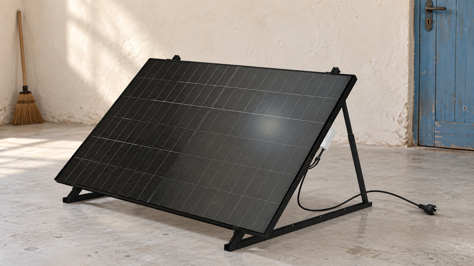 Panneau solaire Mecafer 428150 sur ses supports noirs, présenté avant la pose pour un premier équipement solaire.