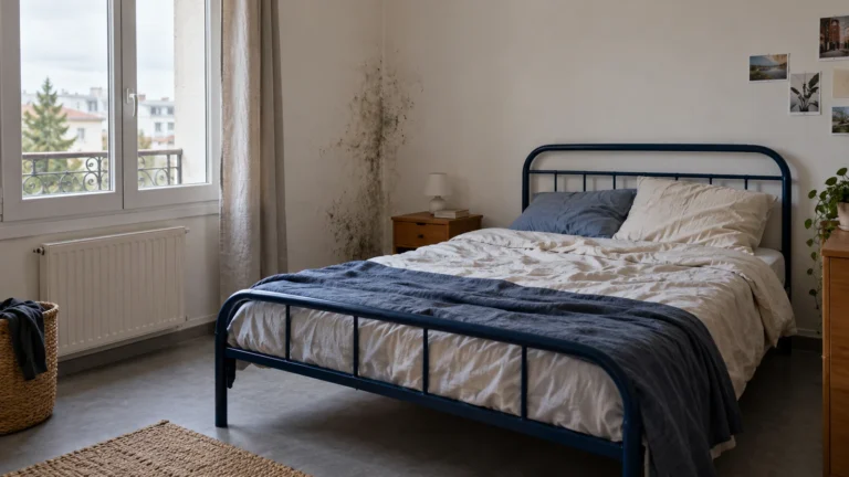 Taches sombres sur un mur de chambre, près du lit et de la fenêtre : repérez leur position avant de conclure à une moisissure.