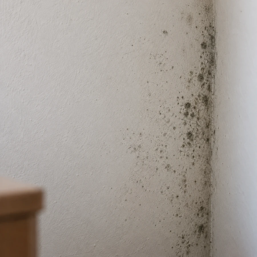 Taches sombres mouchetées sur un mur peint, près d’un angle intérieur.