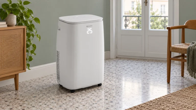Climatiseur mobile Olimpia Splendid Brezza 14 HP WiFi 02258 blanc sur roulettes dans une pièce.