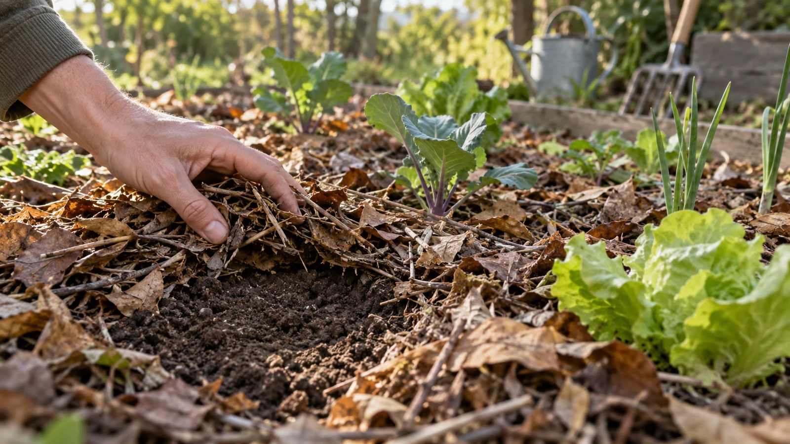 Une main écarte le paillage de feuilles au jardin, près de jeunes plants, pour voir la terre avant d'arroser.