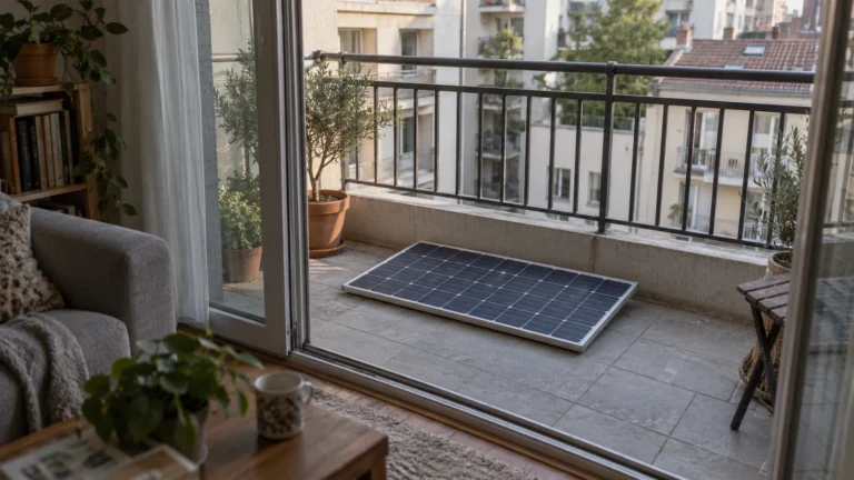 Panneau solaire posé à plat sur un balcon d’appartement : sa fixation et son branchement restent à vérifier.