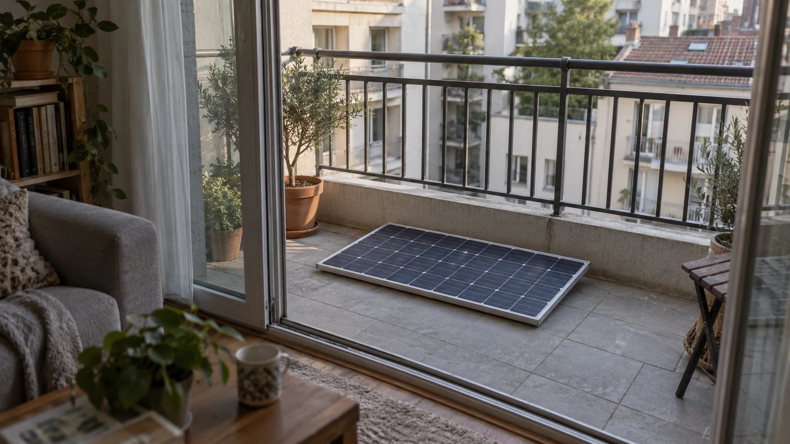 Panneau solaire posé à plat sur un balcon d’appartement : sa fixation et son branchement restent à vérifier.
