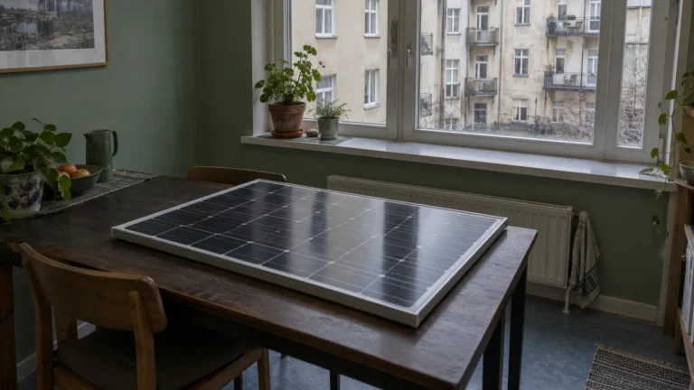 Panneau solaire posé sur une table près d’une fenêtre donnant sur des balcons : pour un projet en copropriété, vérifiez le support avant la pose.