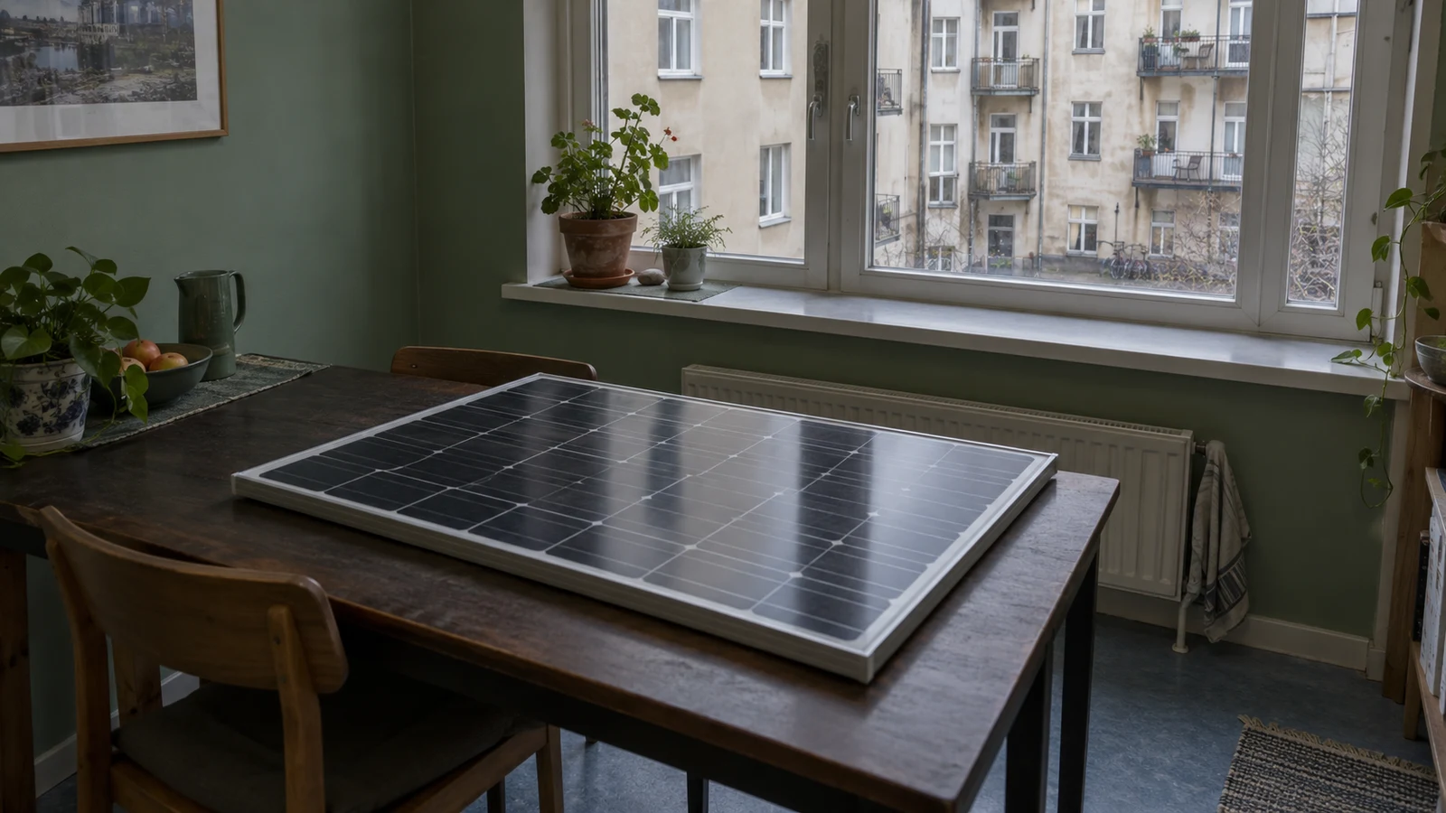 Panneau solaire posé sur une table près d’une fenêtre donnant sur des balcons : pour un projet en copropriété, vérifiez le support avant la pose.
