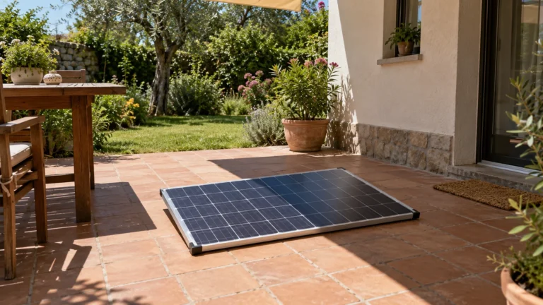 Panneau solaire sur une terrasse en partie ombragée : pour un kit plug and play, l’exposition compte dans l’estimation de sa rentabilité.