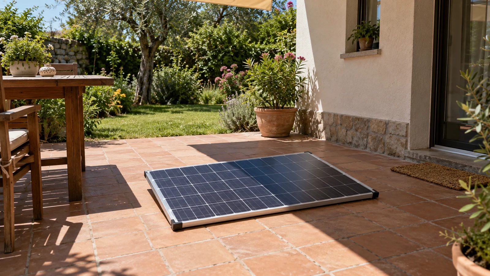 Panneau solaire sur une terrasse en partie ombragée : pour un kit plug and play, l’exposition compte dans l’estimation de sa rentabilité.
